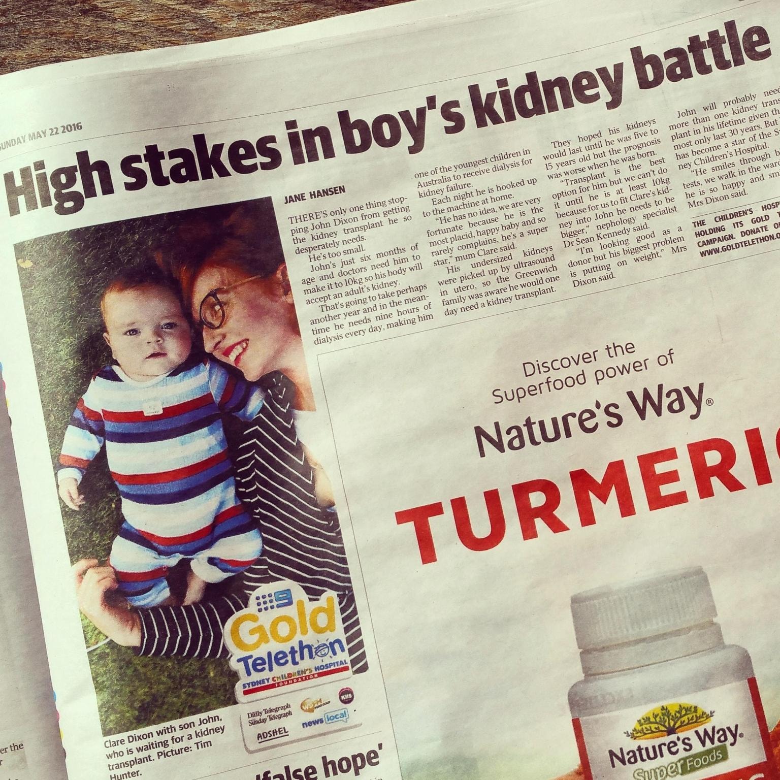Newspaper article — boy kidney transplant story
